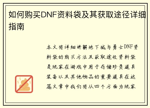 如何购买DNF资料袋及其获取途径详细指南